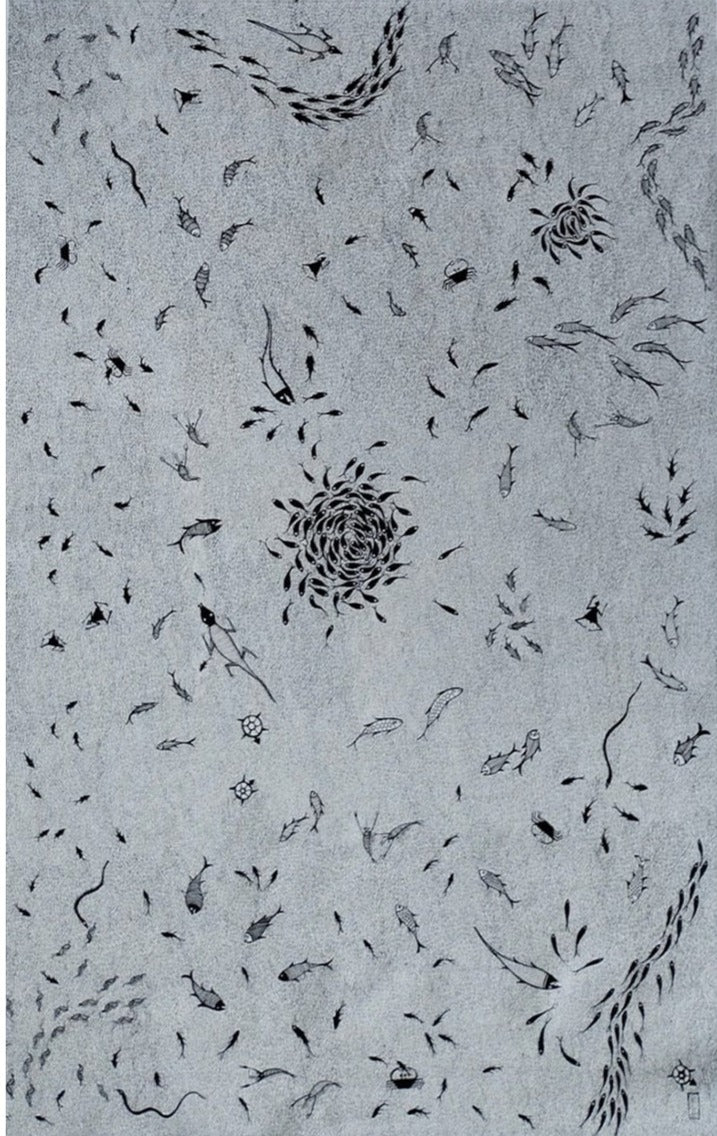 The Sea with Fishes in Warli painting by Dilip Rama Bahotha Thumbnail