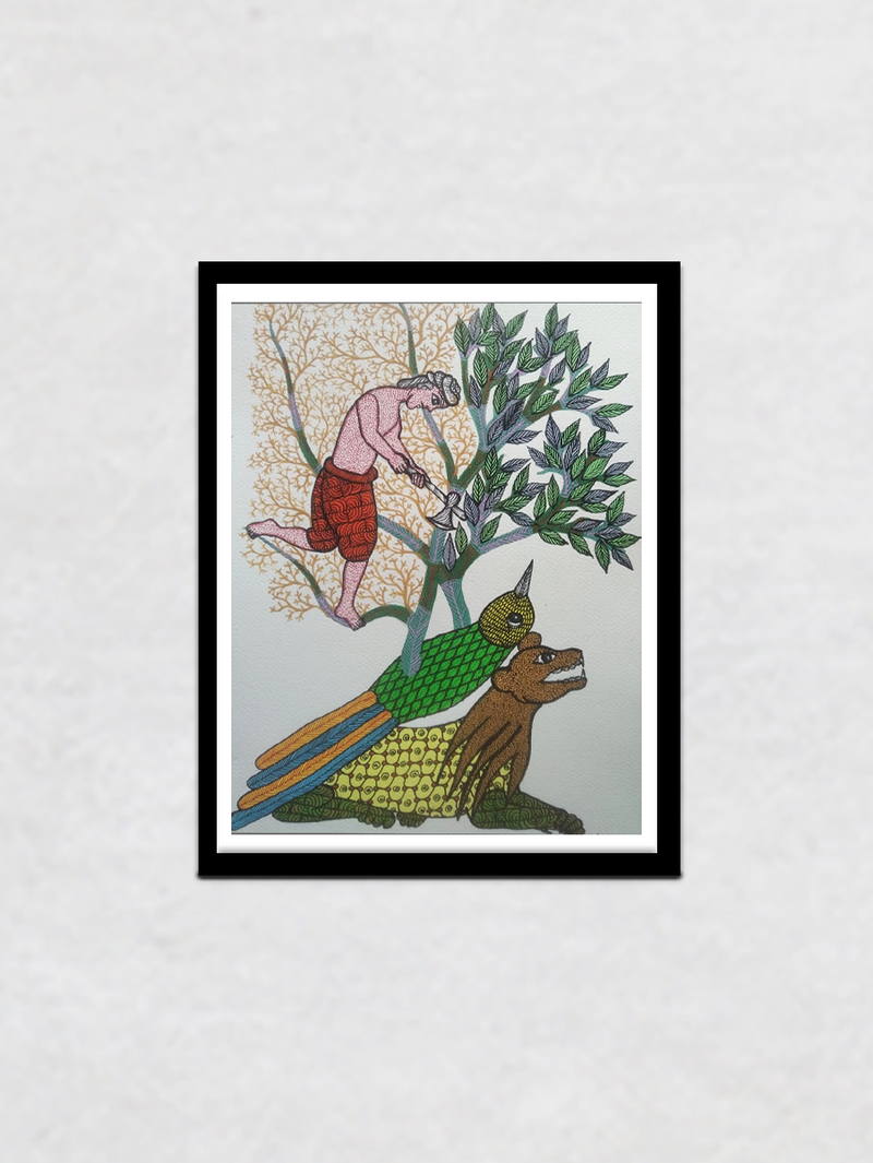 The Woodcutter, Gond Painting by Santosh Uikey
