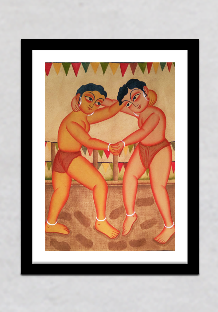 The Wrestlers Kalighat Painting