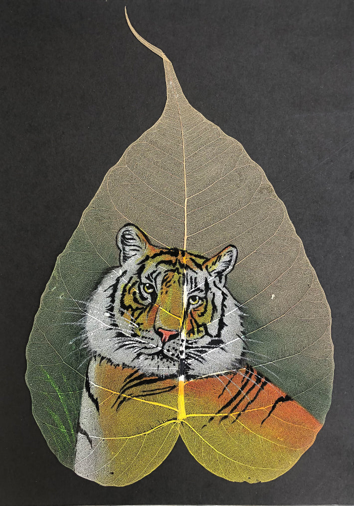 Tiger on Leaf in Miniature Painting by Mohan Prajapati Thumbnail