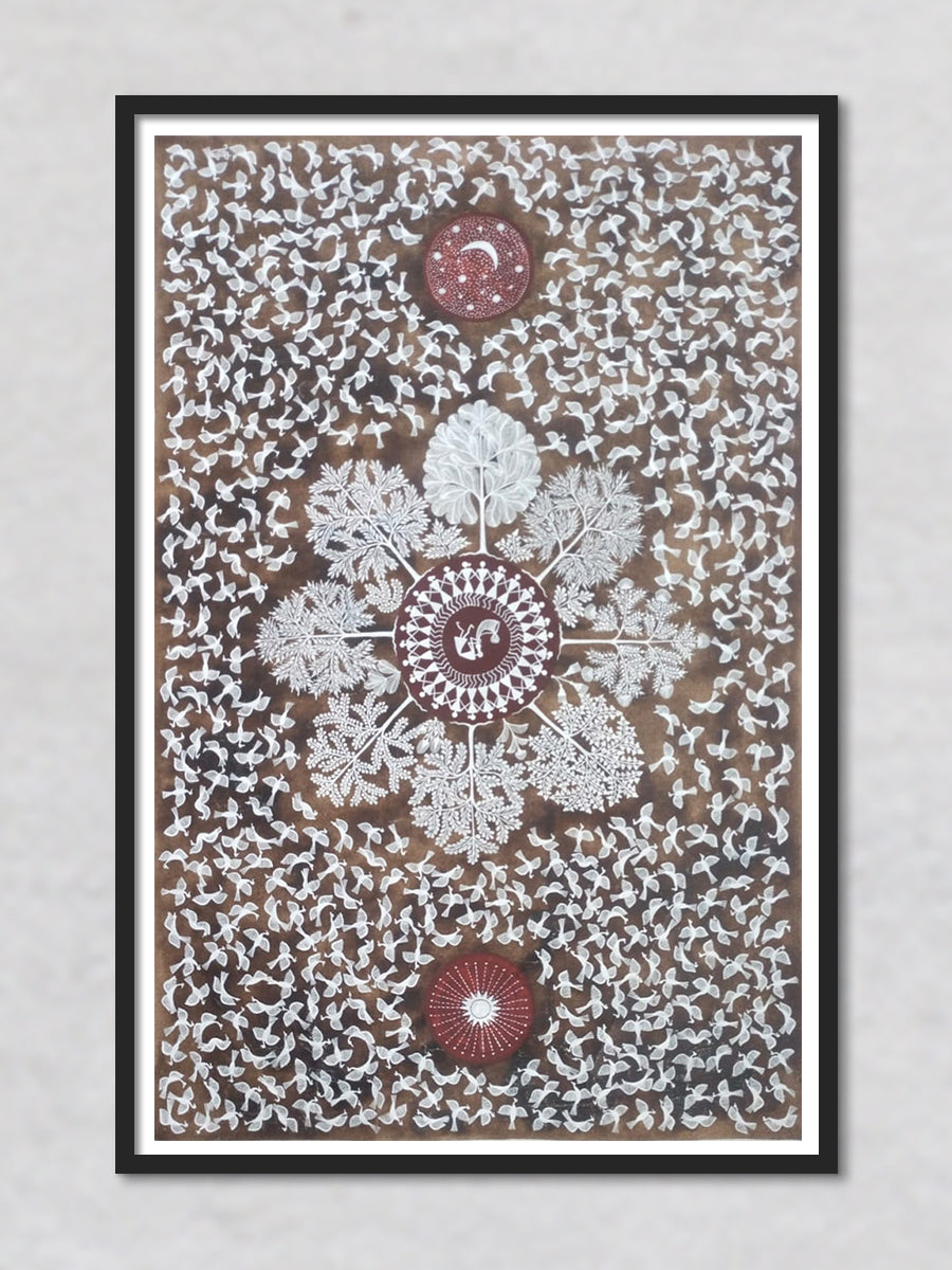 Trees birds sun and moon Warli painting by Dilip Rama Bahotha