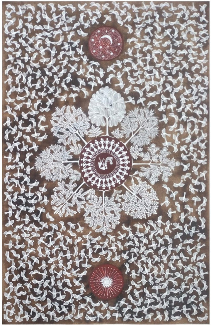 Trees birds sun and moon: Warli painting by Dilip Rama Bahotha Thumbnail