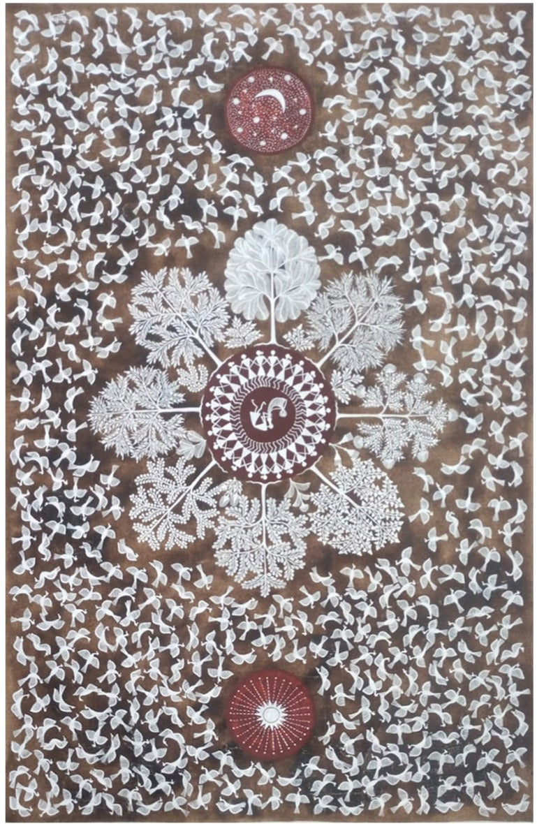 Trees birds sun and moon Warli painting