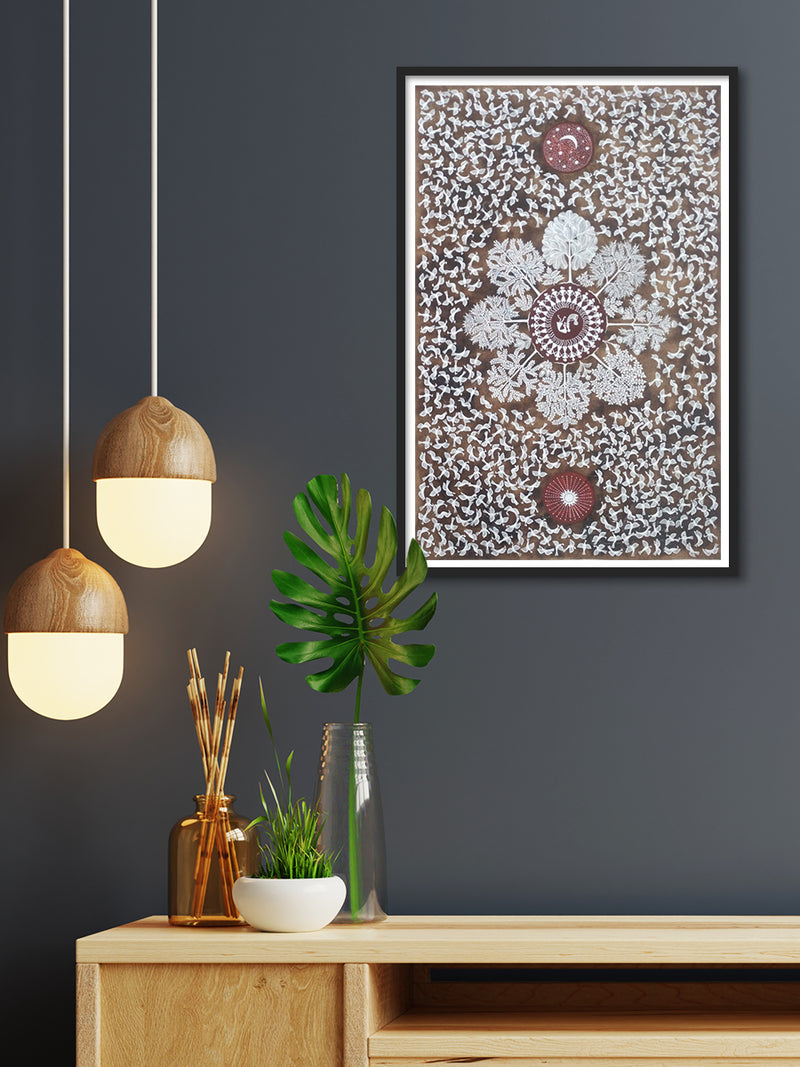Trees birds sun and moon Warli painting online