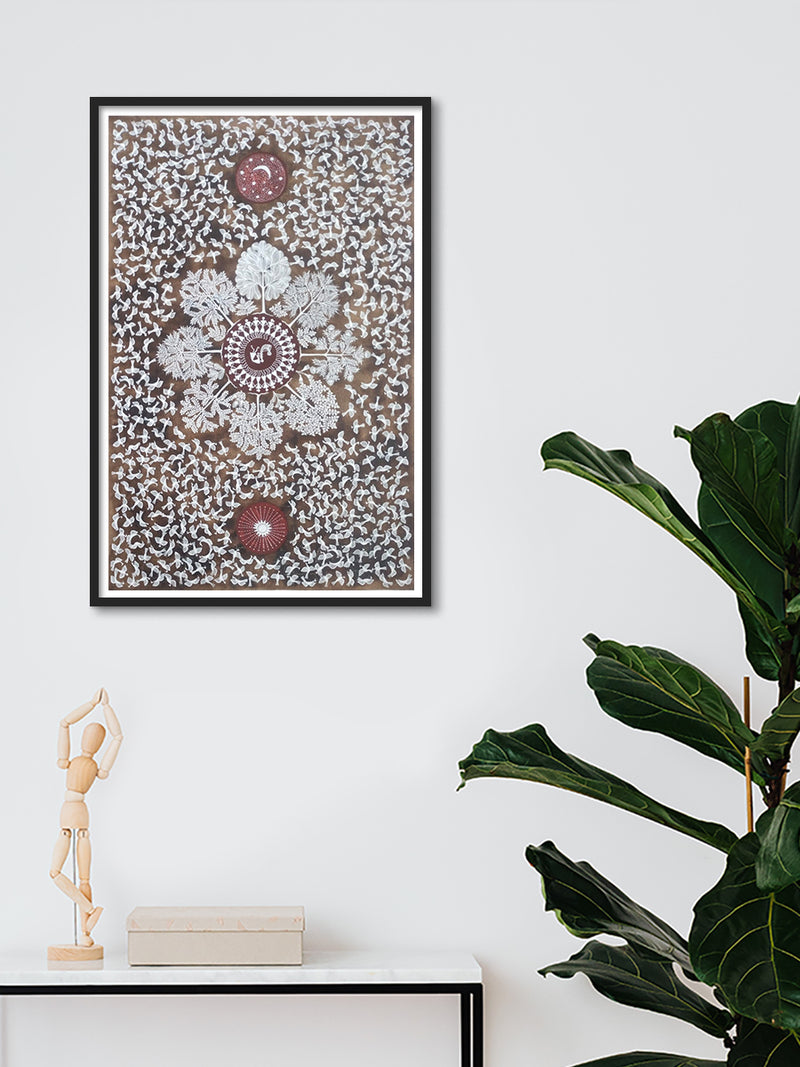 Shop Trees birds sun and moon Warli painting by Dilip Rama Bahotha