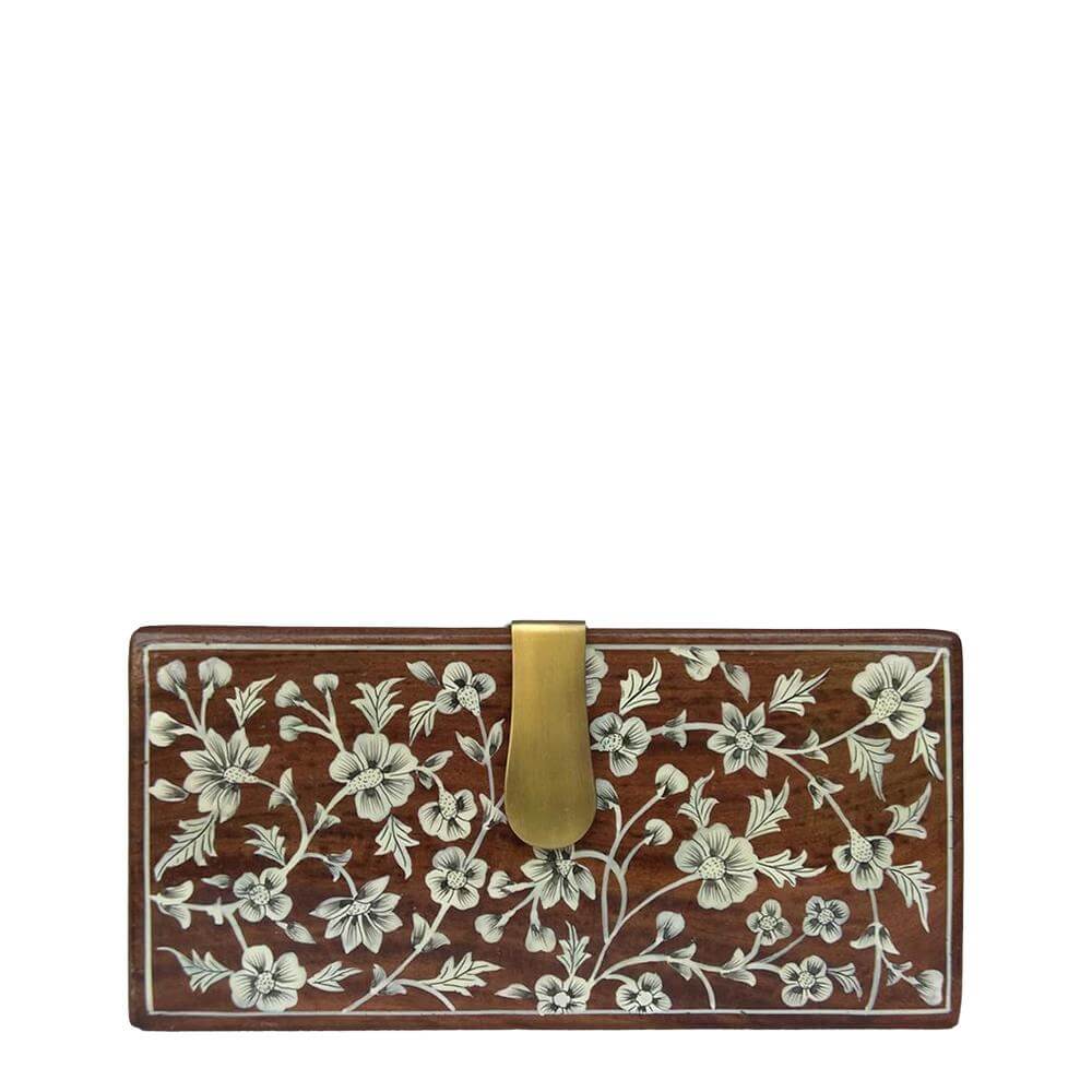 WHITE FLOWERS, WOOD CLUTCH-