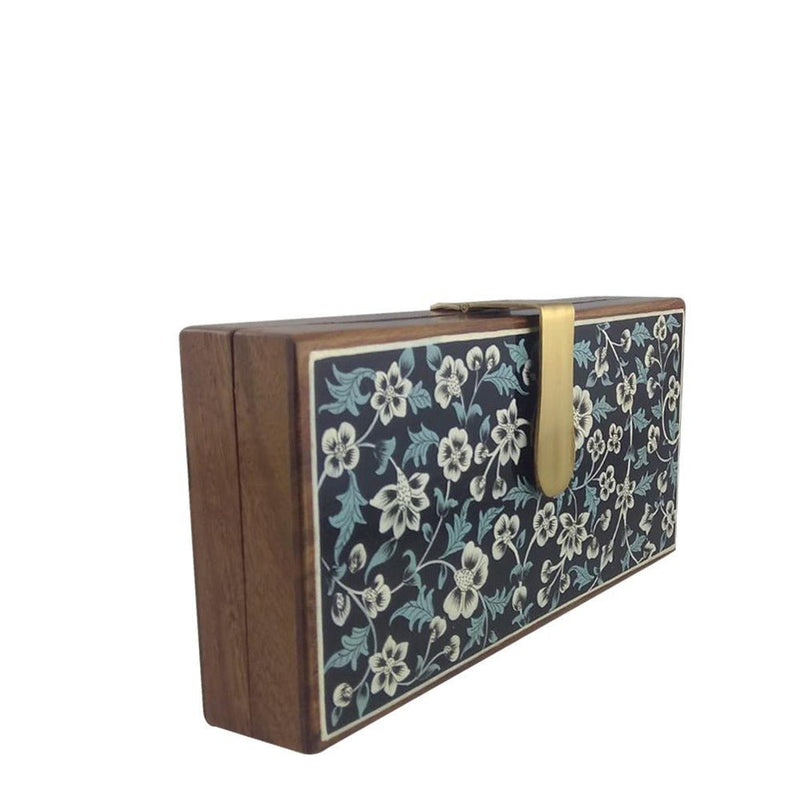 White Flowers, Blue Leaves wood clutch-