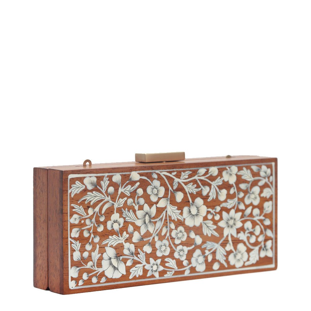 White Flowers, Wood Clutch-