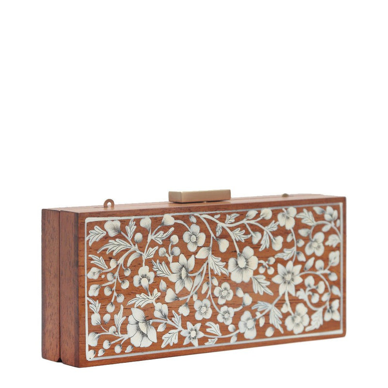 White Flowers, Wood Clutch-