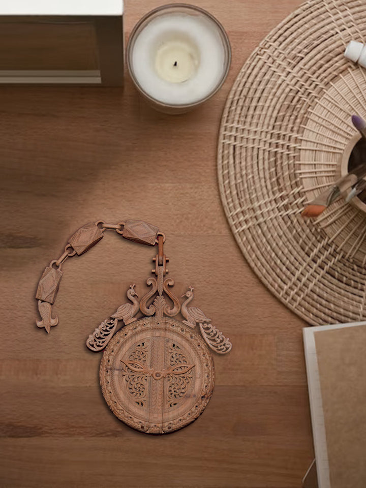 Wooden Clock in Raw Sandalwood Miniature Artwork by Om Prakash Thumbnail