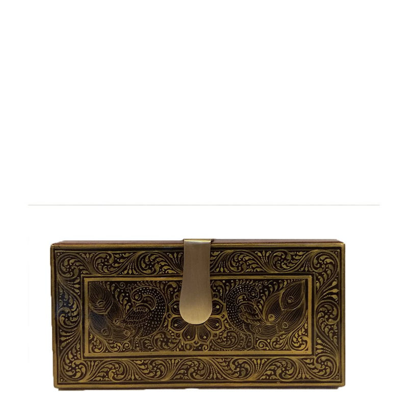 A Tale of Two lovers, gold and black rectangle clutch-Women's Wood Clutch