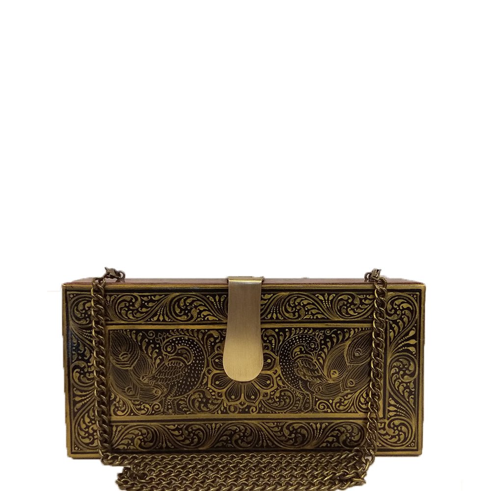 A Tale of Two lovers, gold and black rectangle clutch-Women's Wood Clutch