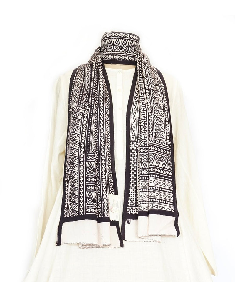 ABSTRACT - Black/white Hand block printed Cotton Stole-
