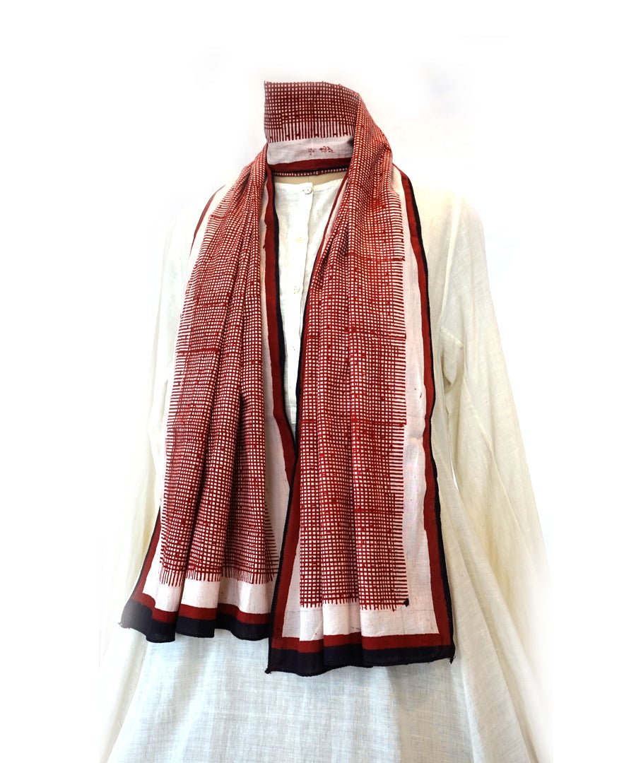 ABSTRACT - Red/white Hand block printed Cotton Stole-