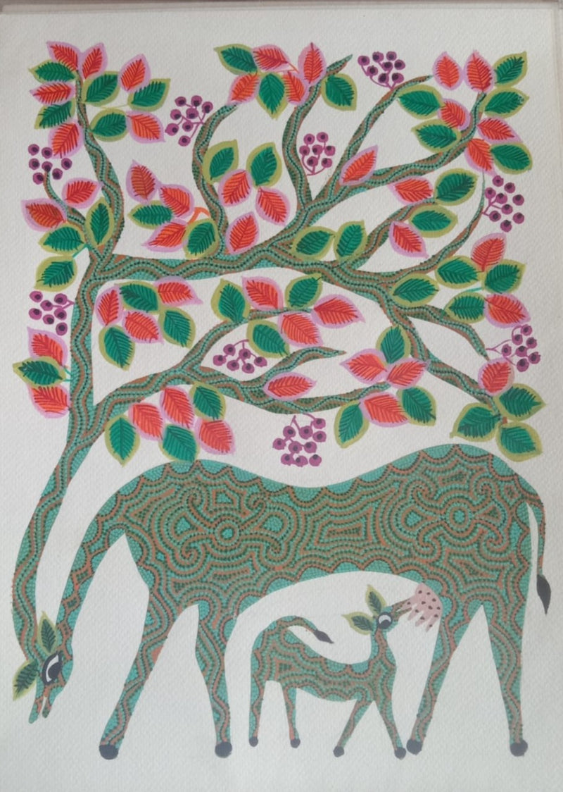Mother with baby deer animal Bhil painting for sale