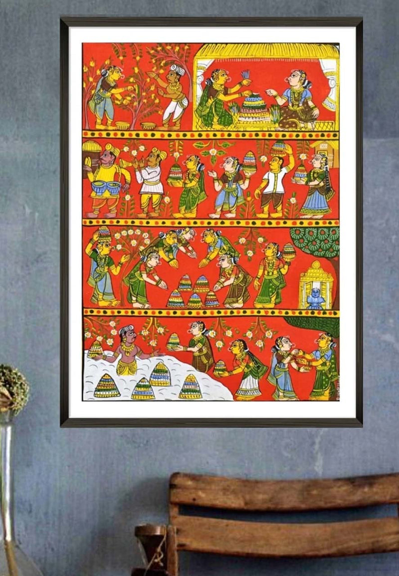 Bathukamma Telangana Traditional Festival: CHERIYAL SCROLL PAINTING by Sai Kiran-Paintings by Master Artists