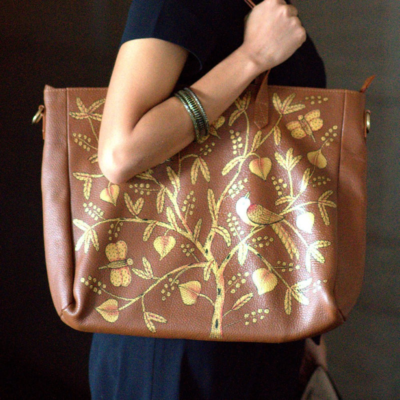 BIRDS OF A FEATHER, TAN LEATHER TOTE BAG-LAPTOP BAG