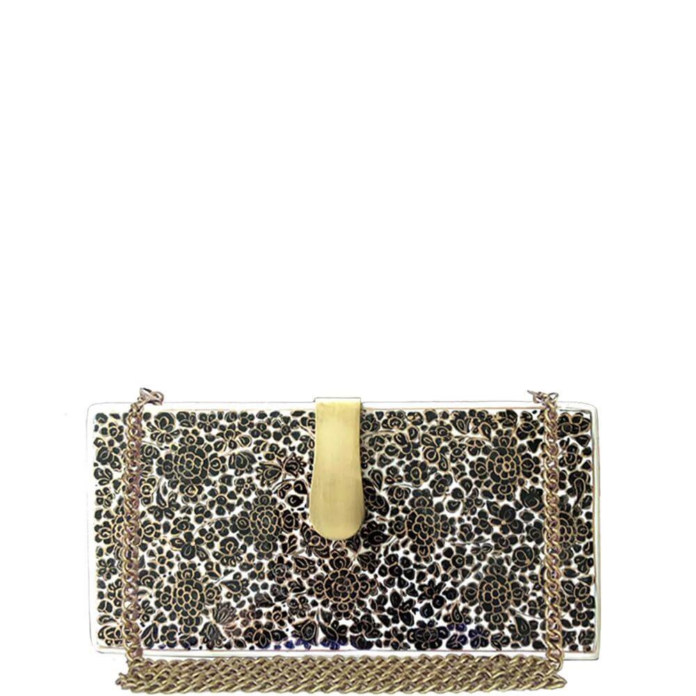 BLACK AND GOLDEN FLOWERS -RECTANGLE WOOD CLUTCH-