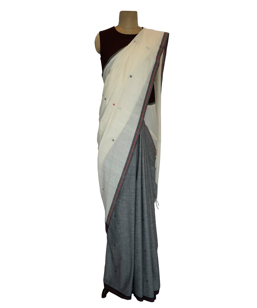 Charkut buti- Off white & Grey Handwoven Cotton Saree-Jiyo - Sarees