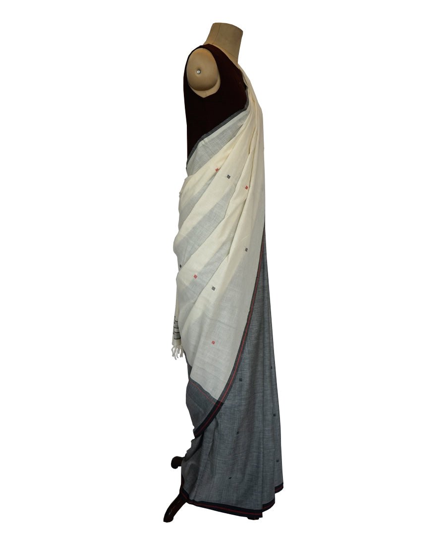 Charkut buti- Off white & Grey Handwoven Cotton Saree-Jiyo - Sarees