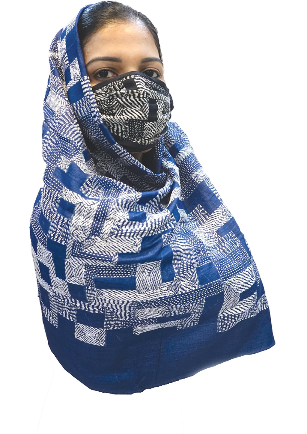 Check and Balance, Sujani hand embroidered stole and mask combo-