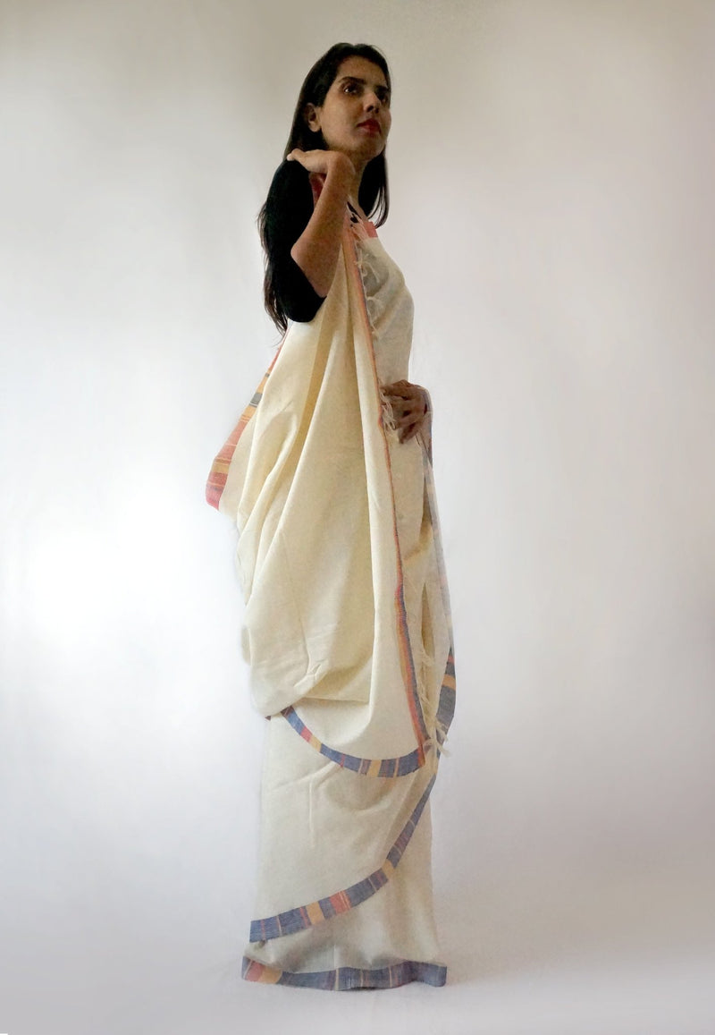 CLIMATE - White with colourful border Handwoven Cotton Saree-Jiyo - Sarees