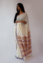 CLIMATE - White with colourful Pallu Handwoven Cotton Saree-Jiyo - Sarees