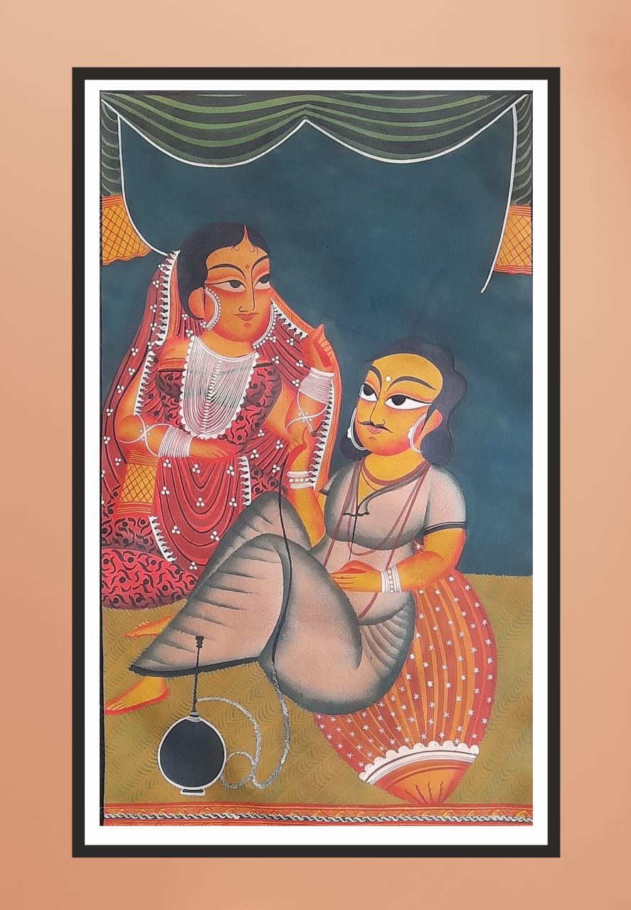 Couple having Hookah Kalighat Painting for Sale