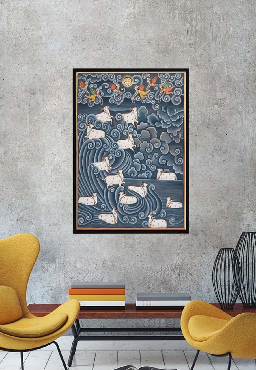 Cows and celestial bodies Pichwai art for sale