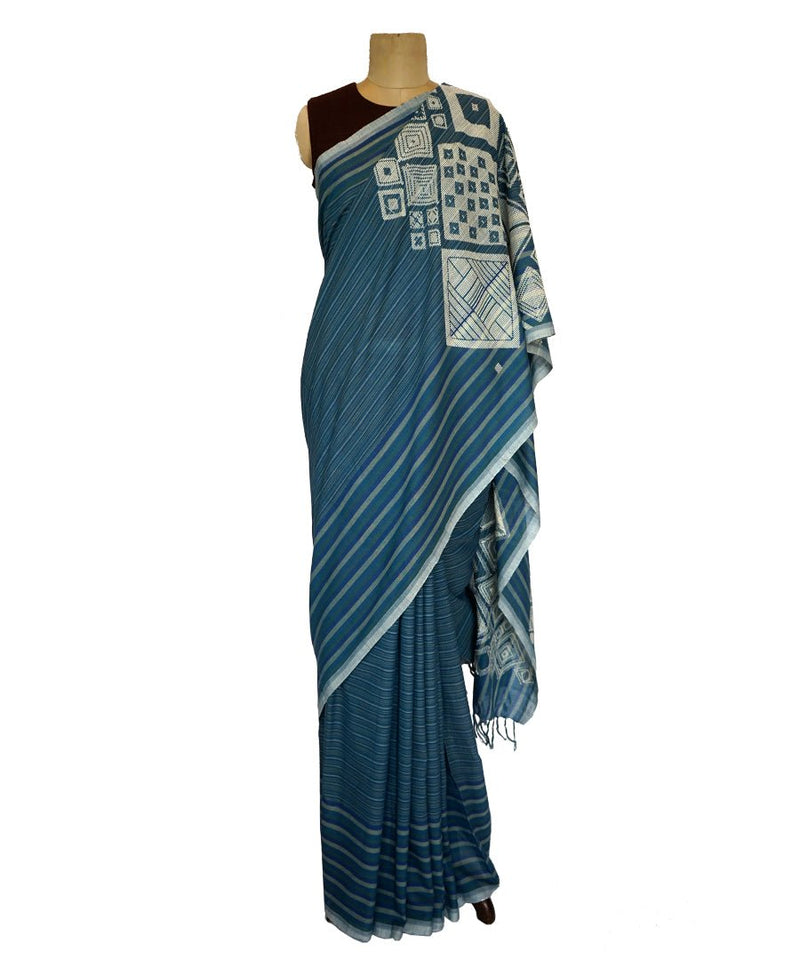 Diamond- blue Handwoven Cotton Saree-Jiyo - Sarees