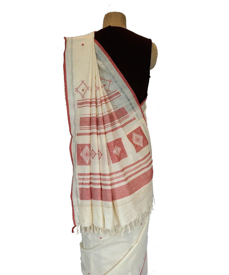 DIAMOND -ORANGE and OFF WHITE Handwoven Cotton Saree-Jiyo - Sarees