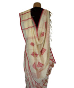 DIAMOND W/STRIPES- ORANGE and OFF WHITE Handwoven Cotton Saree-Jiyo - Sarees