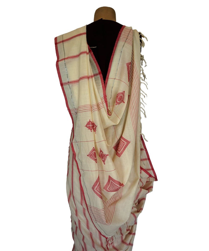 DIAMOND W/STRIPES- ORANGE and OFF WHITE Handwoven Cotton Saree-Jiyo - Sarees