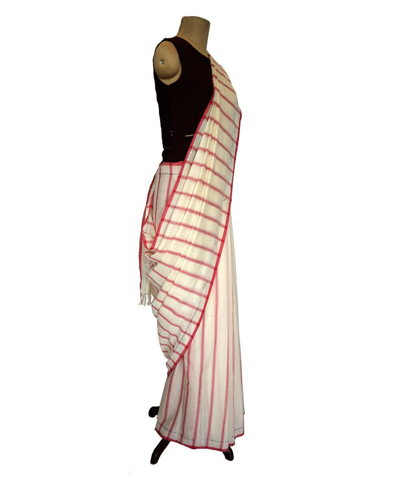 DIAMOND W/STRIPES- ORANGE and OFF WHITE Handwoven Cotton Saree-Jiyo - Sarees