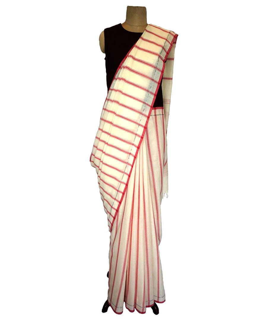 DIAMOND W/STRIPES- ORANGE and OFF WHITE Handwoven Cotton Saree-Jiyo - Sarees