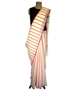 DIAMOND W/STRIPES- ORANGE and OFF WHITE Handwoven Cotton Saree-Jiyo - Sarees