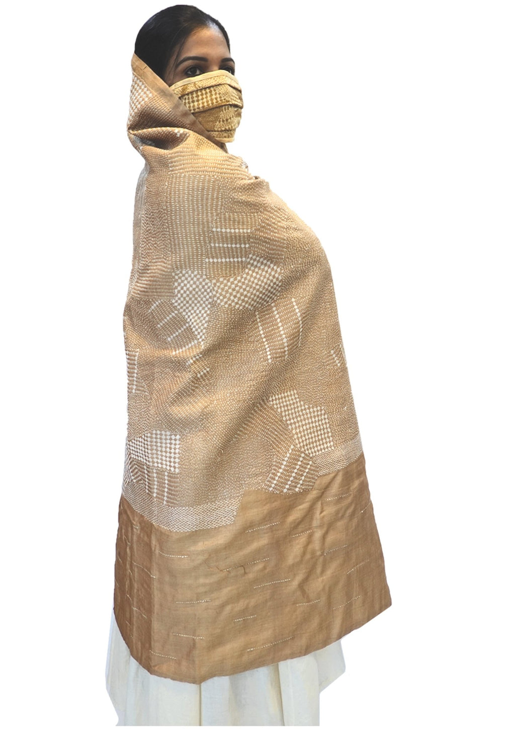 Dots and Dashes, Sujani hand embroidered shawl and mask combo (ochre)-