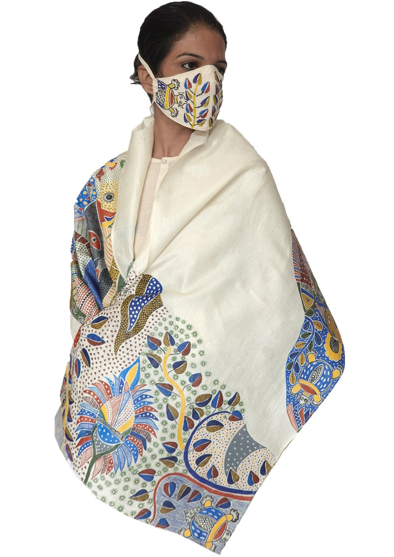 Ebbs and Flows, Madhubani hand painted stole and mask combo-
