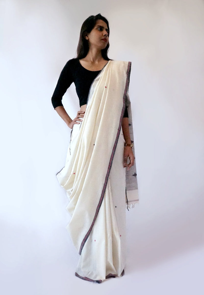 FLOWER BUTI - Cream Handwoven Cotton Saree-Jiyo - Sarees