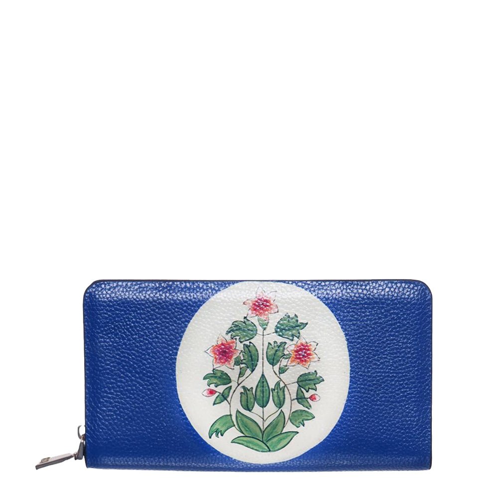 Flowers, Blue Top Grain Leather Wallet-