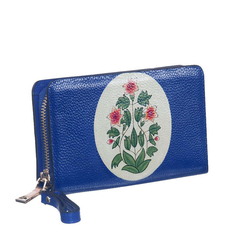 Flowers, Blue Top Grain Leather Wallet-