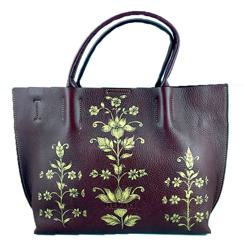 FLOWERS, MINIATURE ART ON MAROON TOTE-Women's Leather Bag