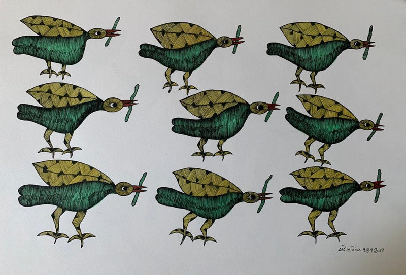 Flying Birds Gond Painting