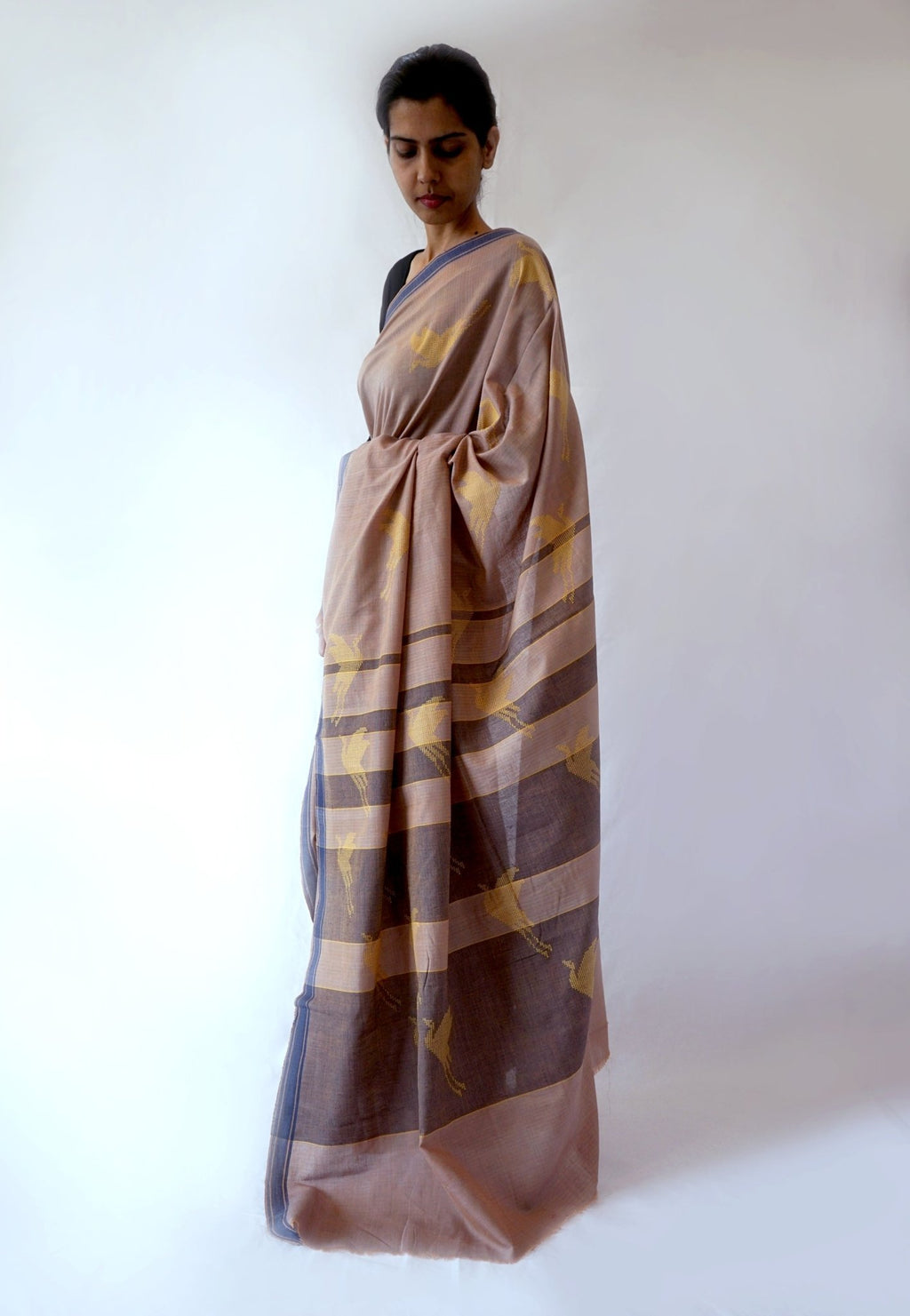 FLYING CRANE- Brown, Grey Handwoven Cotton Saree-Jiyo - Sarees