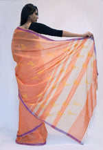 FLYING CRANE- Orange, Yellow buti Handwoven Cotton Saree-Jiyo - Sarees