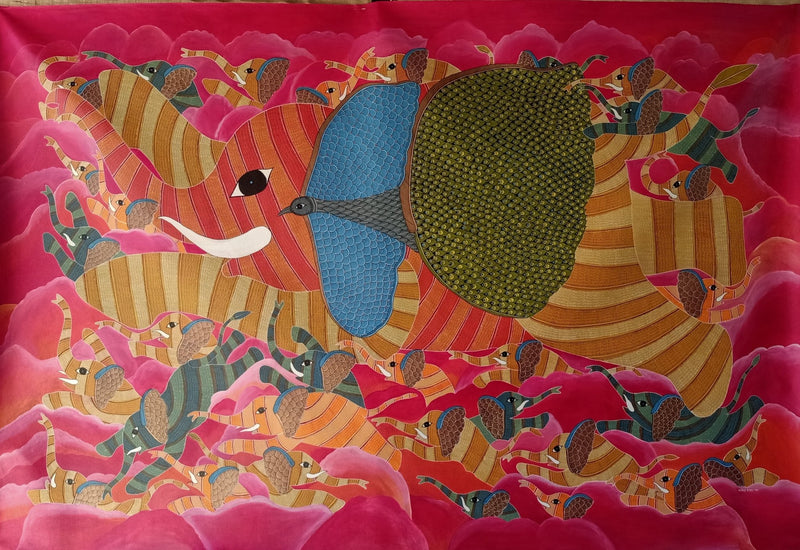 Flying Elephant Gond Painting