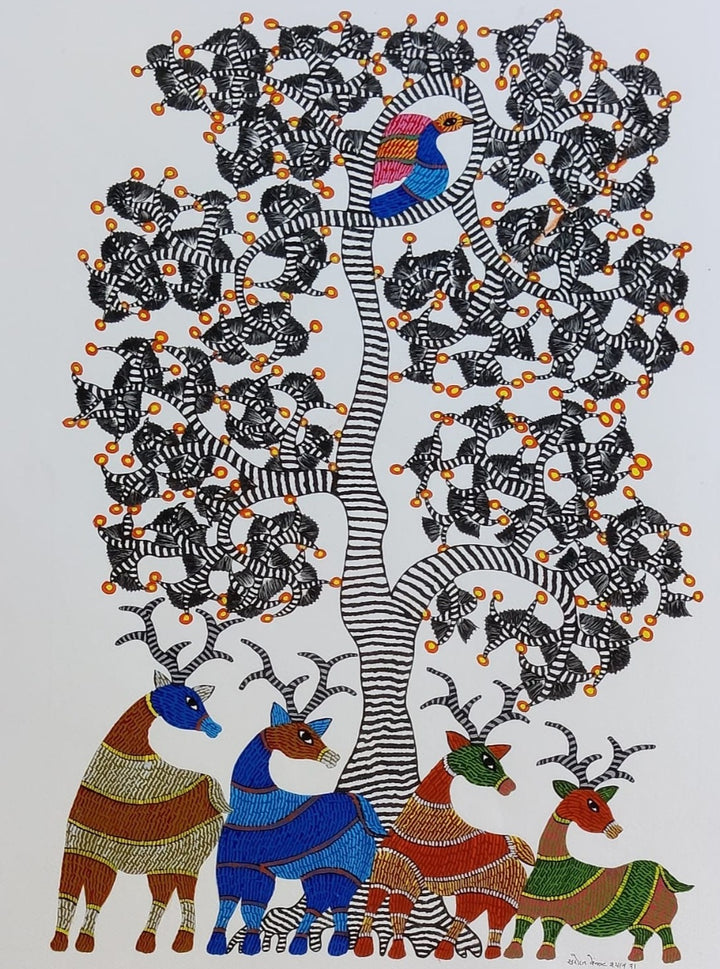 Nature's Harmony: Tree of Life and Fauna in Gond painting by Saroj Venkat Shyam Thumbnail