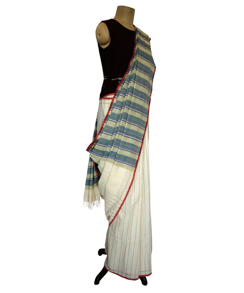 Half stripe- Multicolor Handwoven Cotton Saree-Jiyo - Sarees