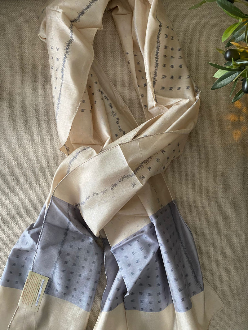 Handwoven IKAT SILK STOLE, cream and blue-