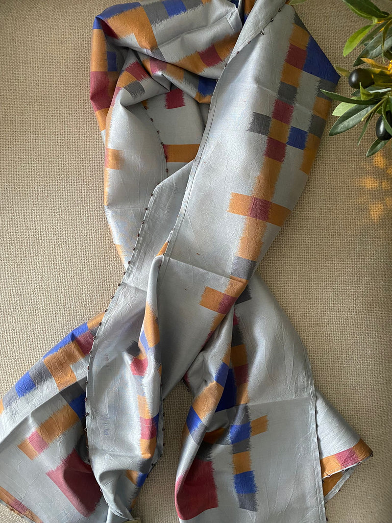 Handwoven IKAT SILK STOLE, multicoloured grey-